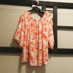 Violet + Claire Coral and White off Shoulder Shirt